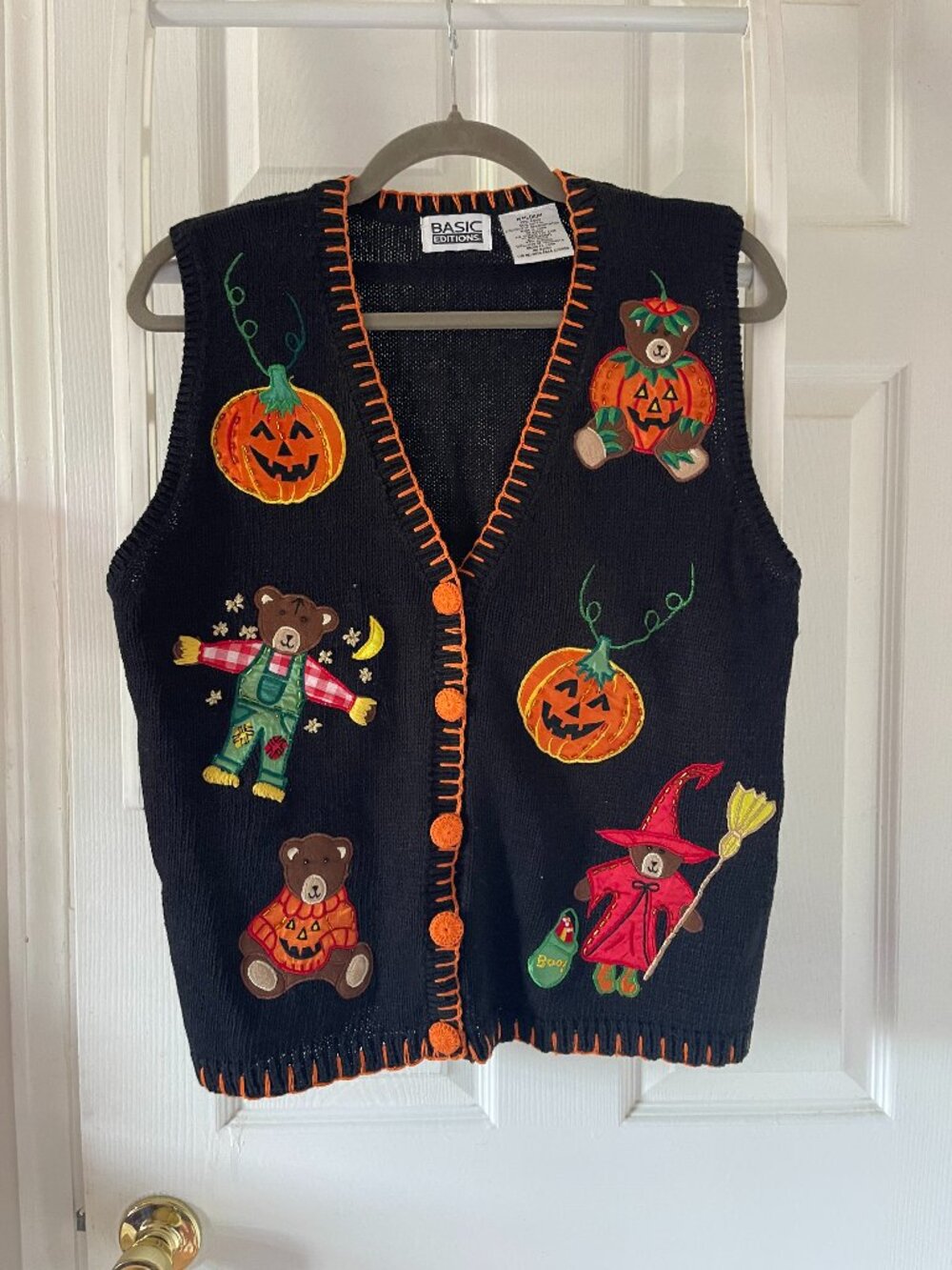 VTG Basic Editions Halloween Sweater Vest Medium Black Teddy Bears Pumpkins